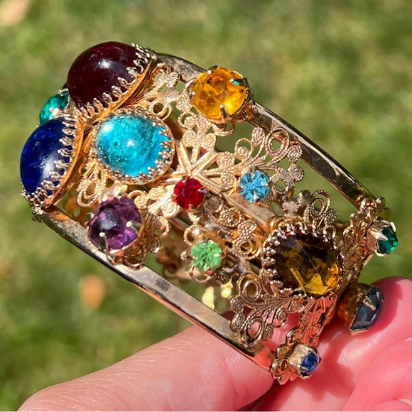 Rare 14k Gold Over Nickel Vintage Unsigned Gripoix Style Clamper Bracelet - Picture 3 of 5